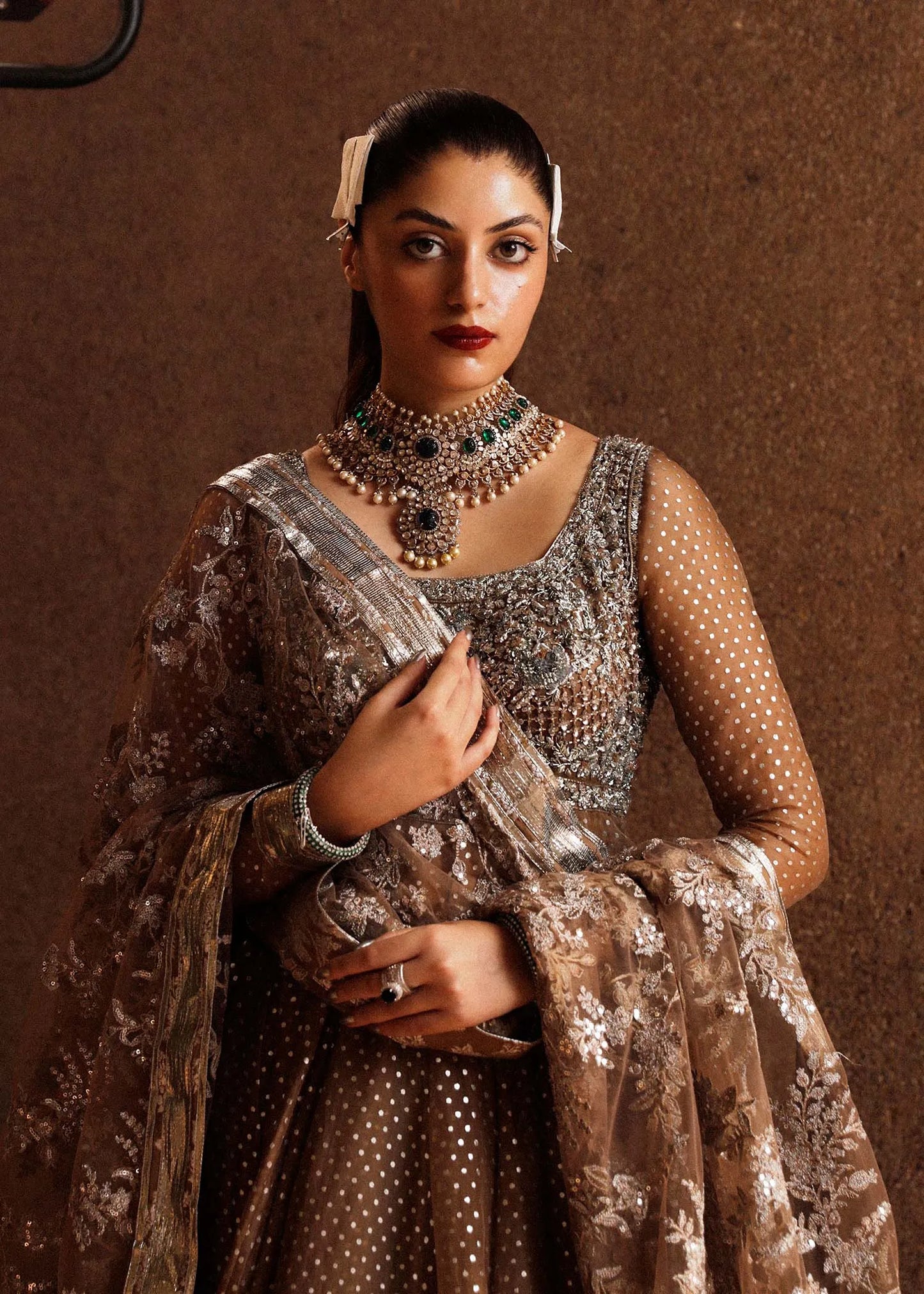 Woman in traditional attire with jewelry against a brown background