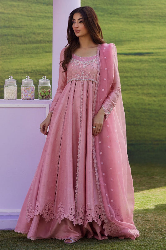 Woman in a pink traditional outfit standing outdoors with a green field background