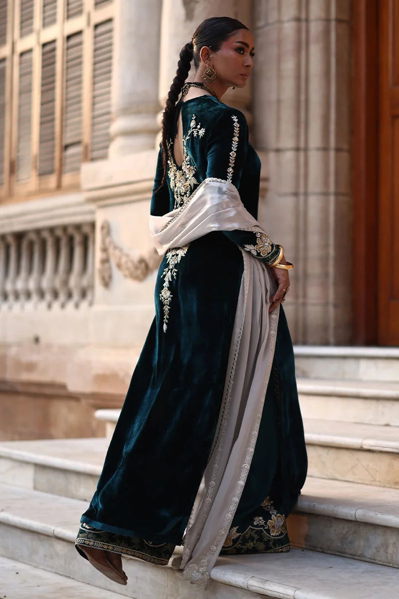 Woman in a dark green saree with white embroidery standing on steps in front of a building.