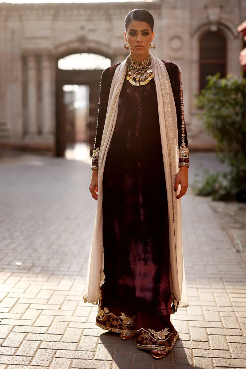 Woman in traditional dark purple outfit with gold accents standing outdoors.