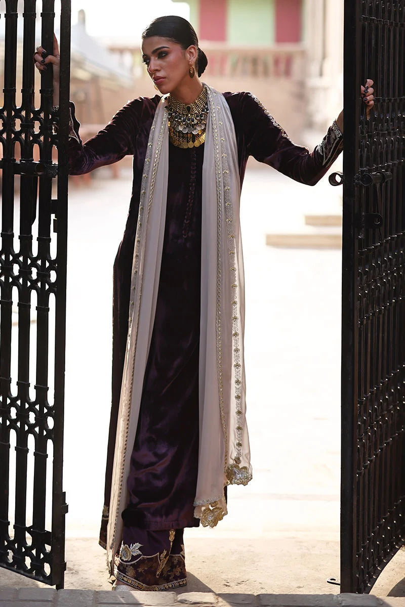 Woman in traditional attire standing behind a black metal gate.