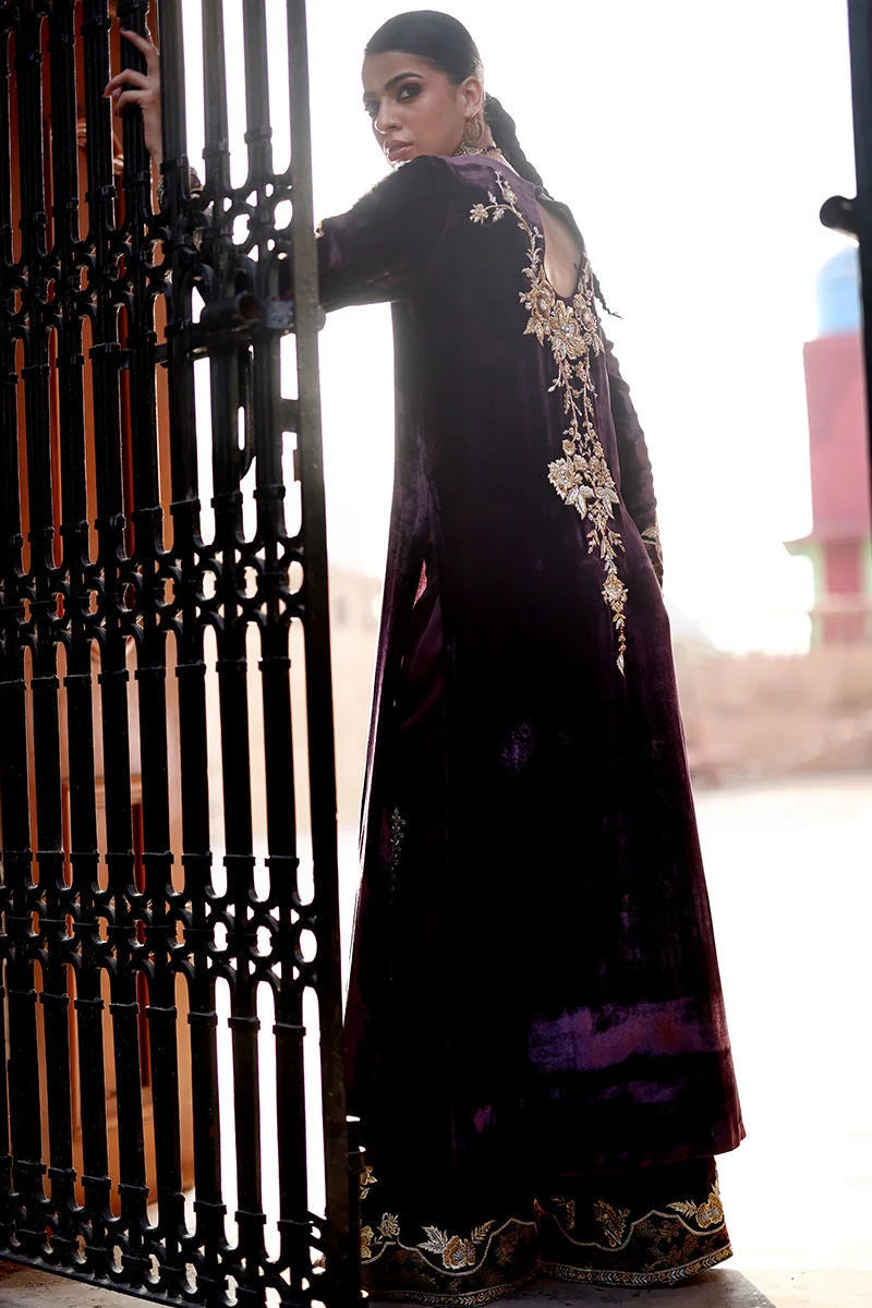 Woman in a dark purple traditional outfit with gold embroidery standing behind a metal gate.