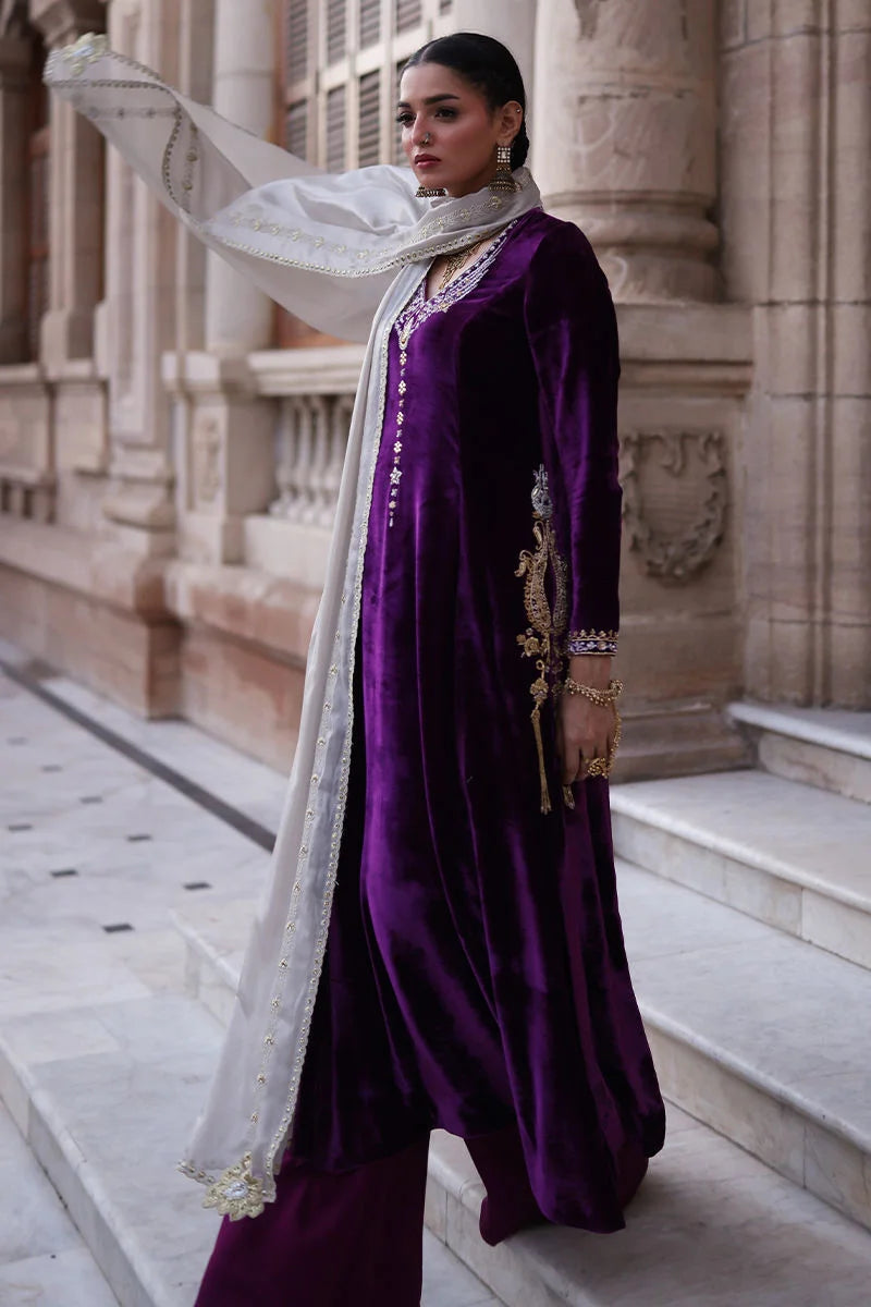 Woman in a purple traditional outfit with gold embroidery standing in front of a stone building.