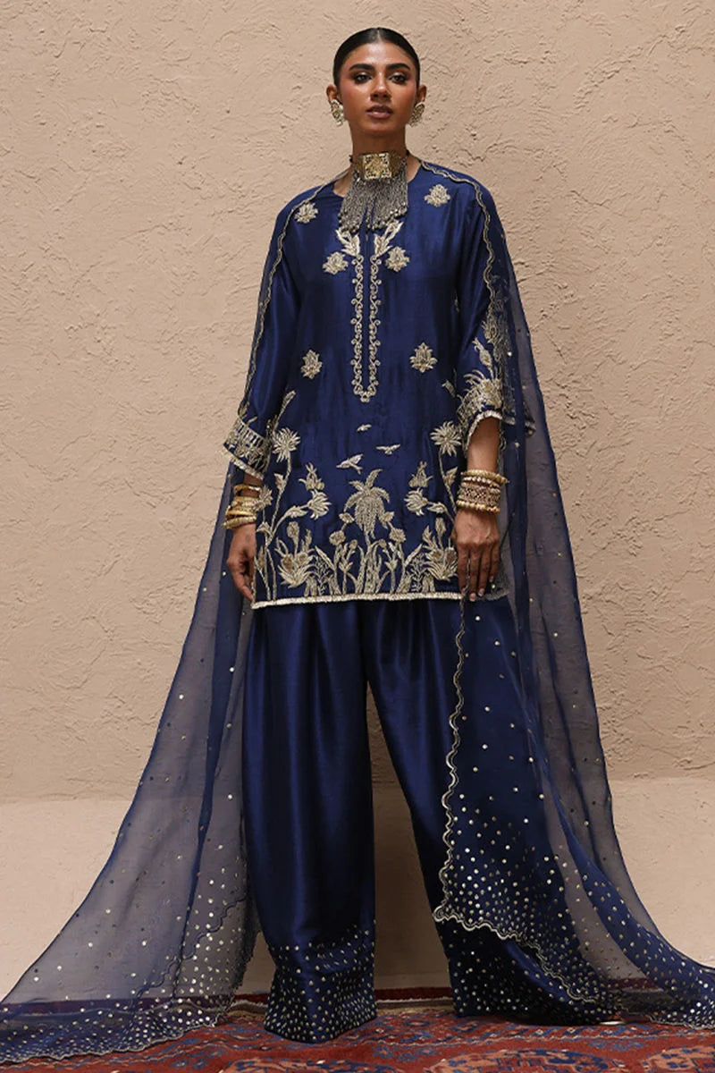 Woman wearing a traditional blue embroidered outfit with a beige background