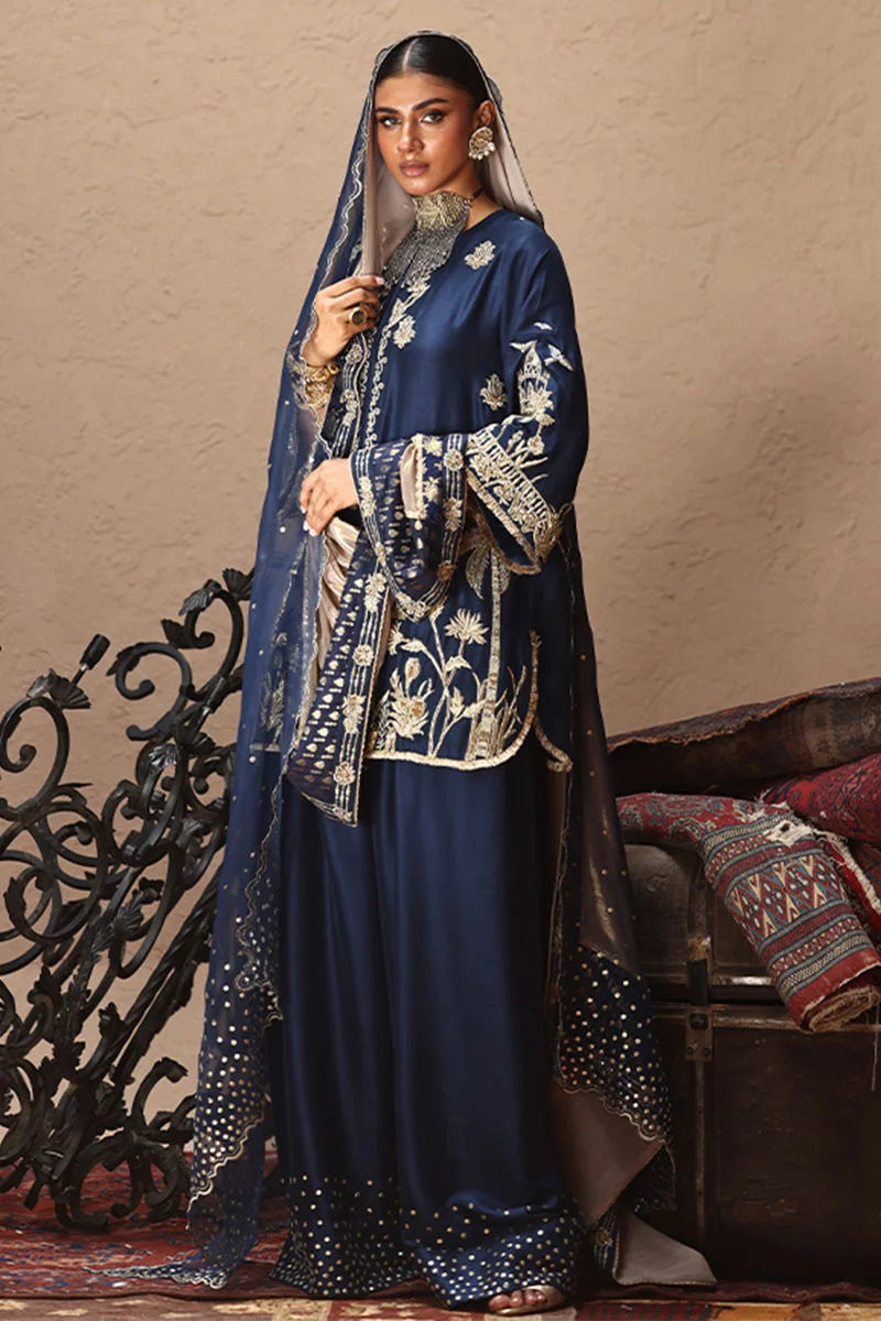 Woman in a traditional embroidered outfit with a beige background