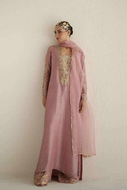 Woman wearing a pink embroidered outfit with a beige background