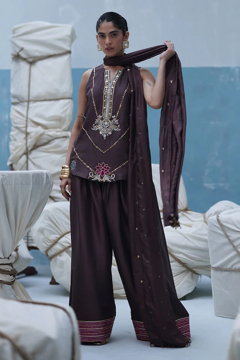 Woman in a dark purple traditional outfit with intricate designs, standing against a light blue background.
