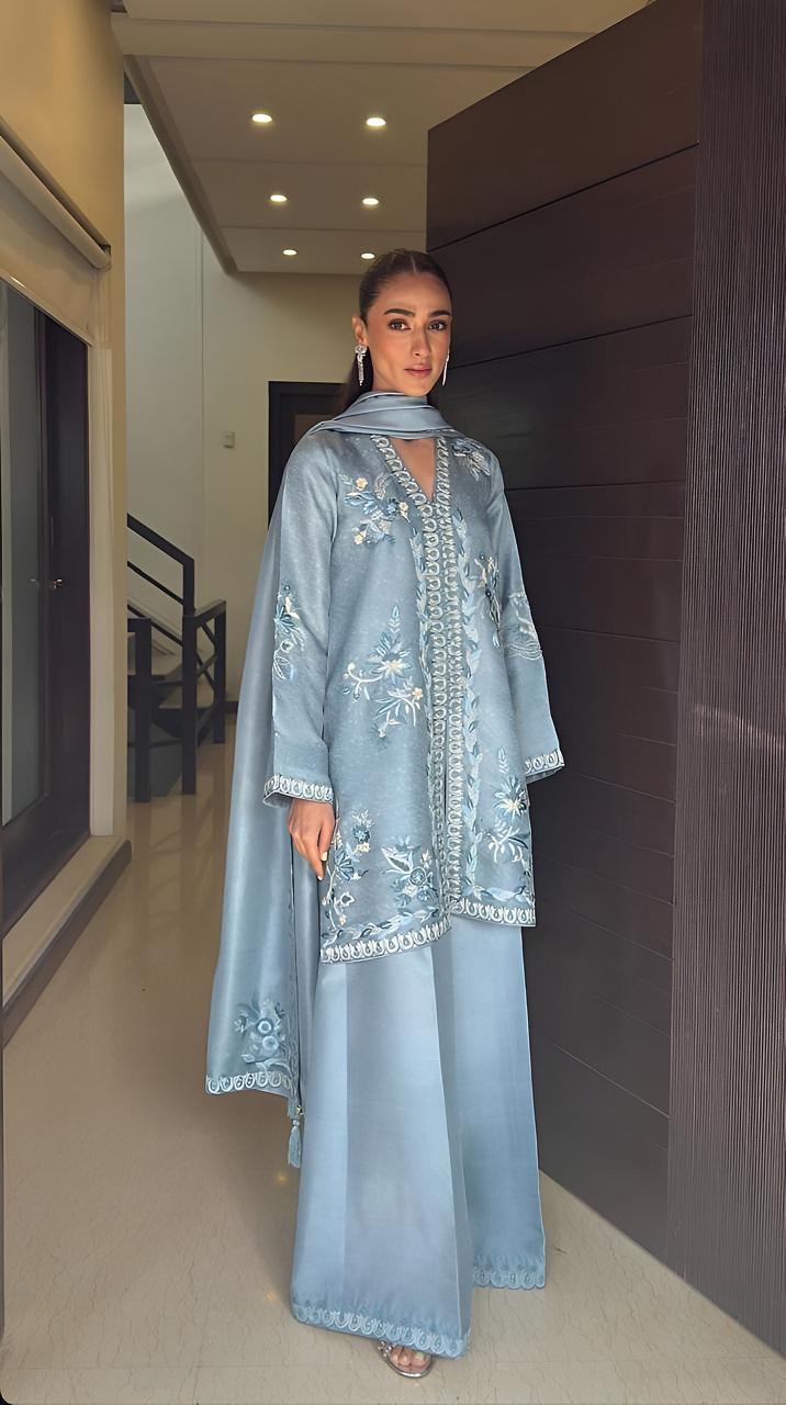 Powder Blue Embroidered Silk Suit
