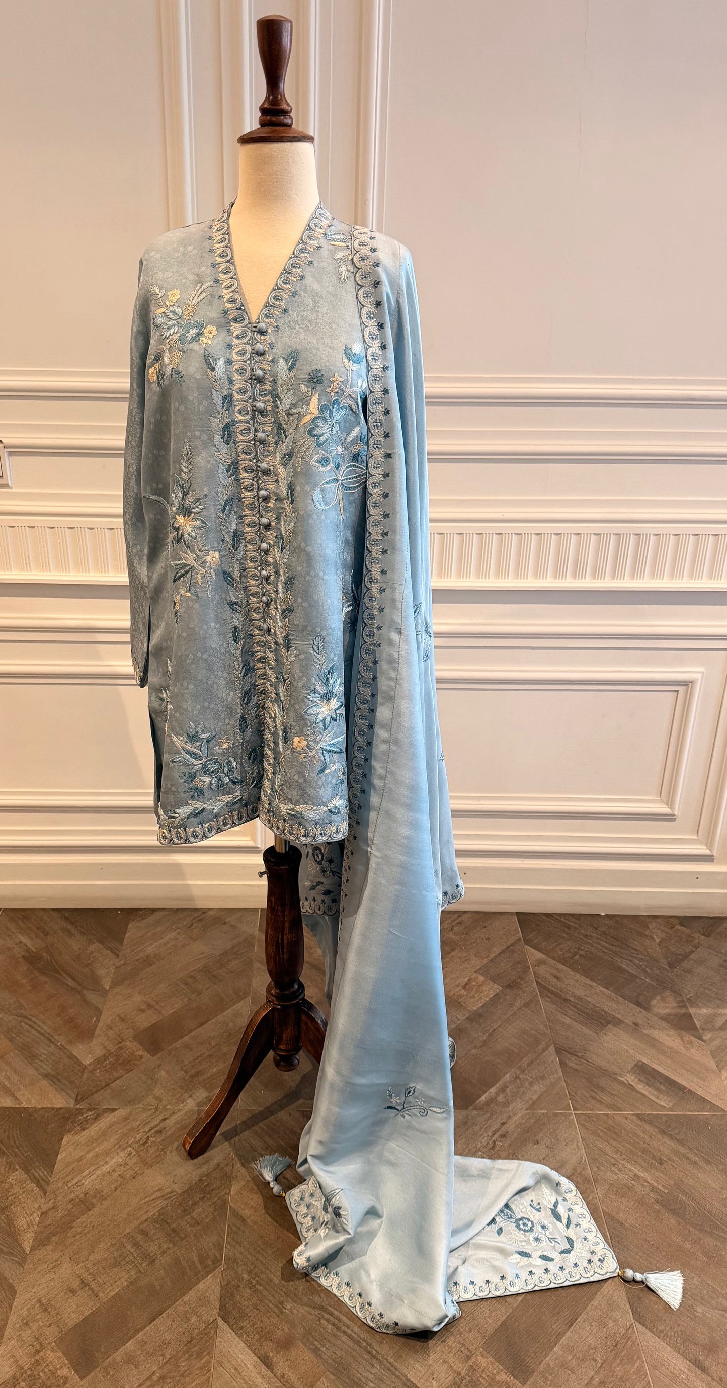 Powder Blue Embroidered Silk Suit