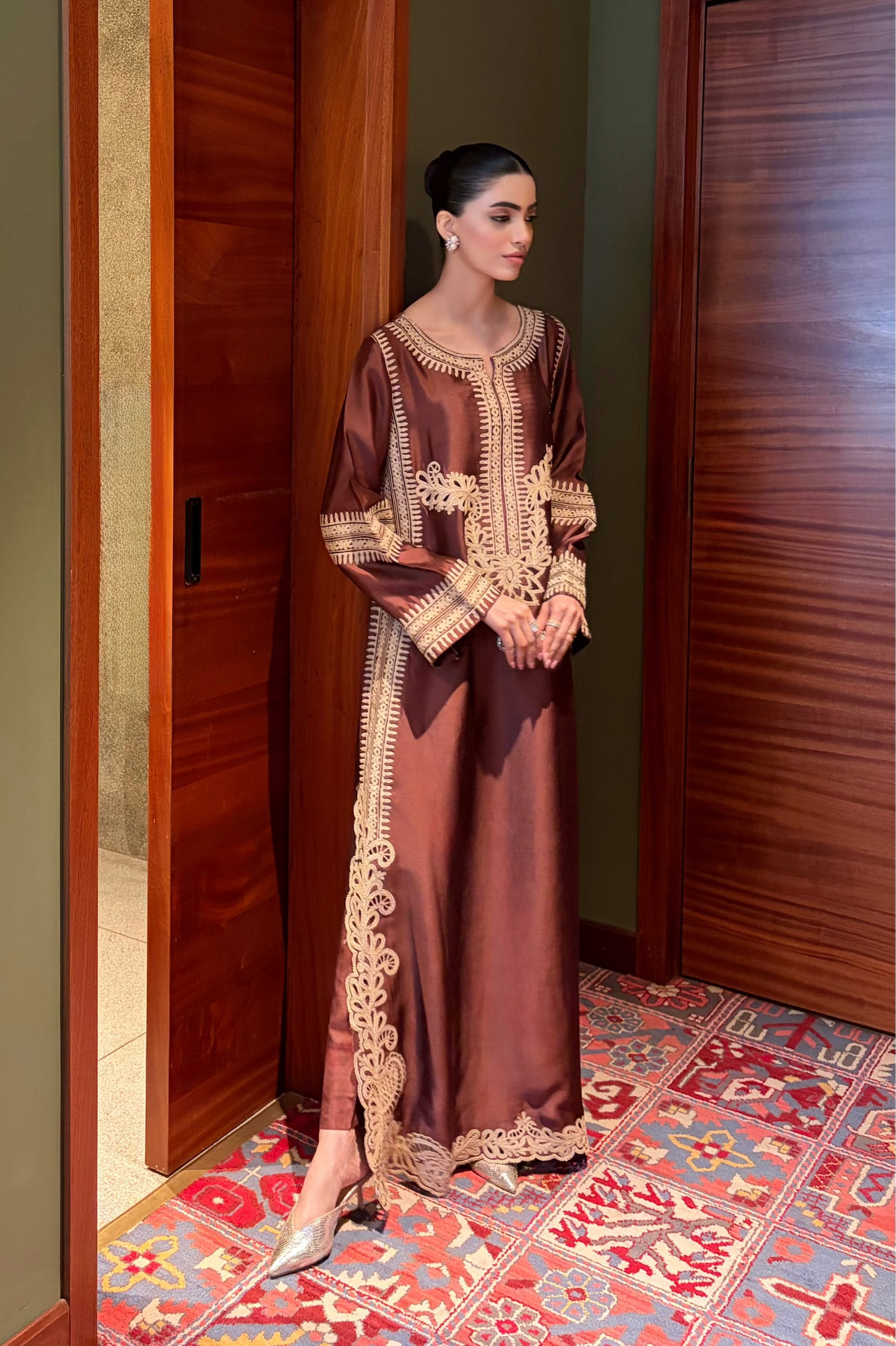 Brown Embroidered Kaftan Set