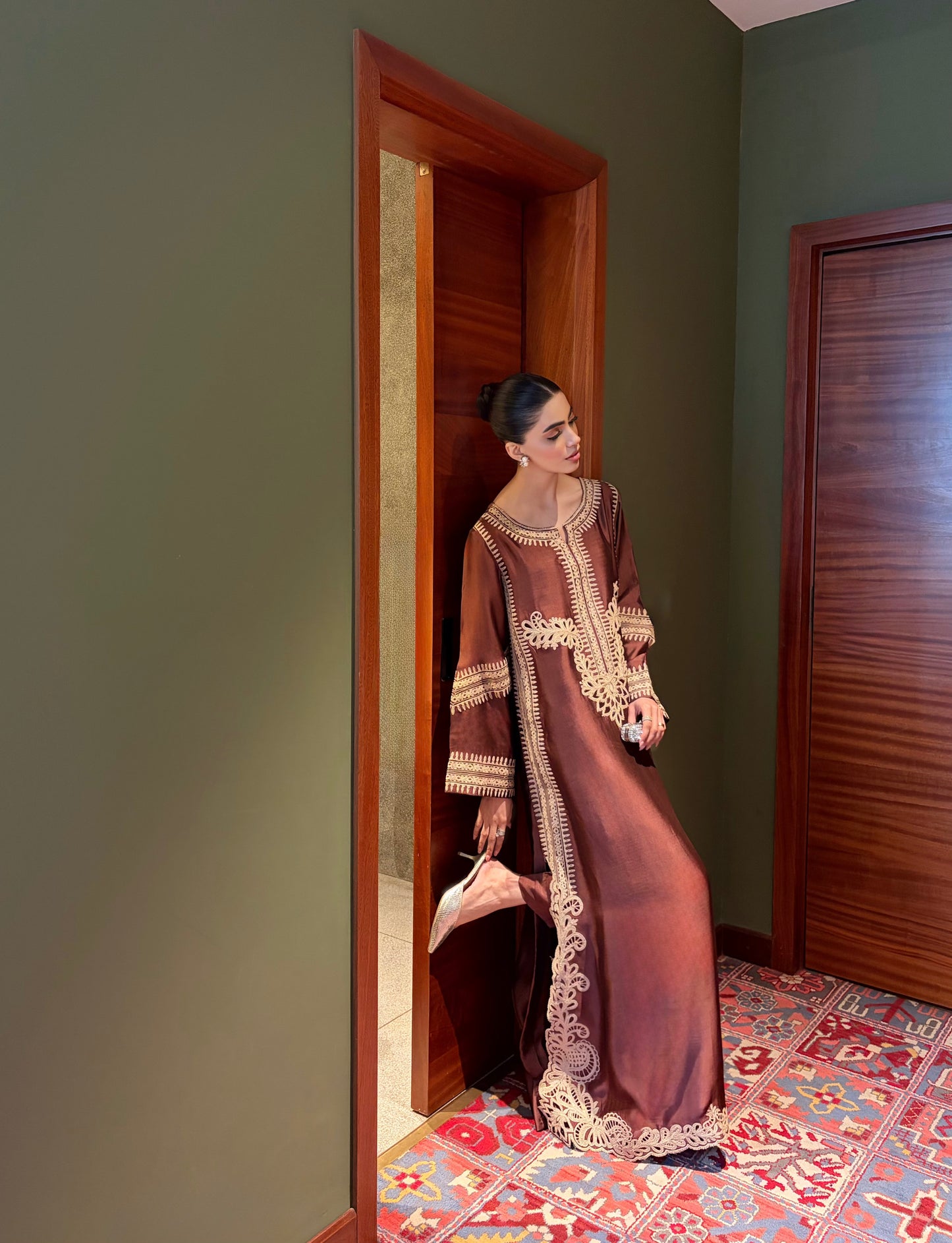 Brown Embroidered Kaftan Set