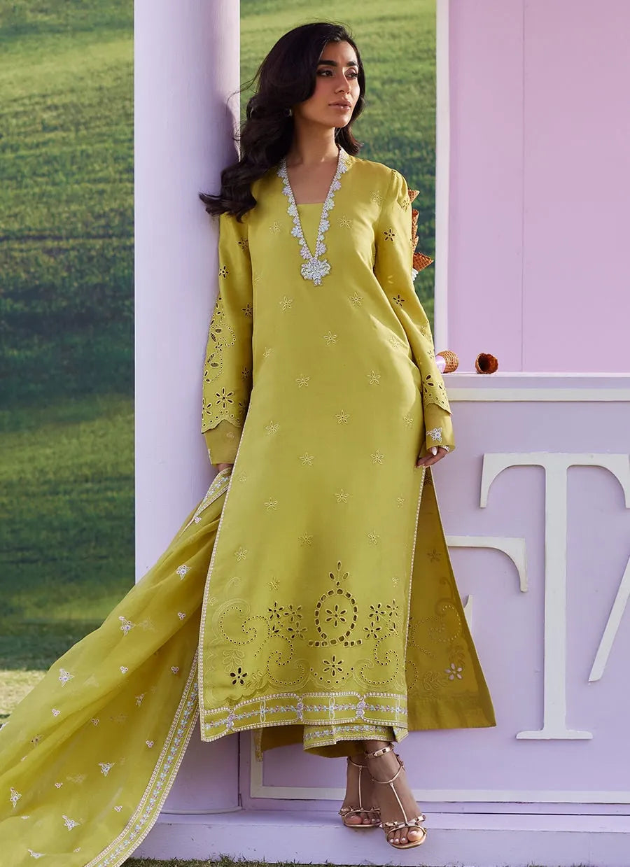 Woman in a yellow traditional outfit standing against a pink wall with green grass.