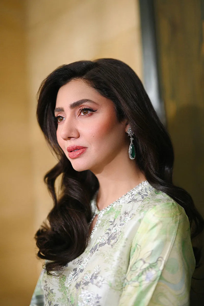 Woman wearing a light green traditional outfit with intricate patterns, posing against a blurred background.
