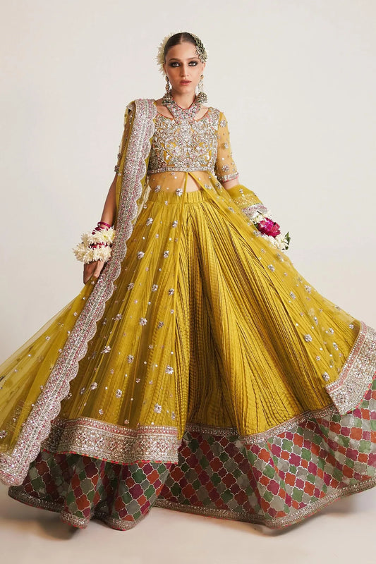 Woman wearing a traditional yellow and green embroidered outfit with a white background