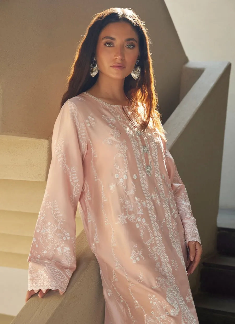Woman in a light pink embroidered outfit standing on a staircase.