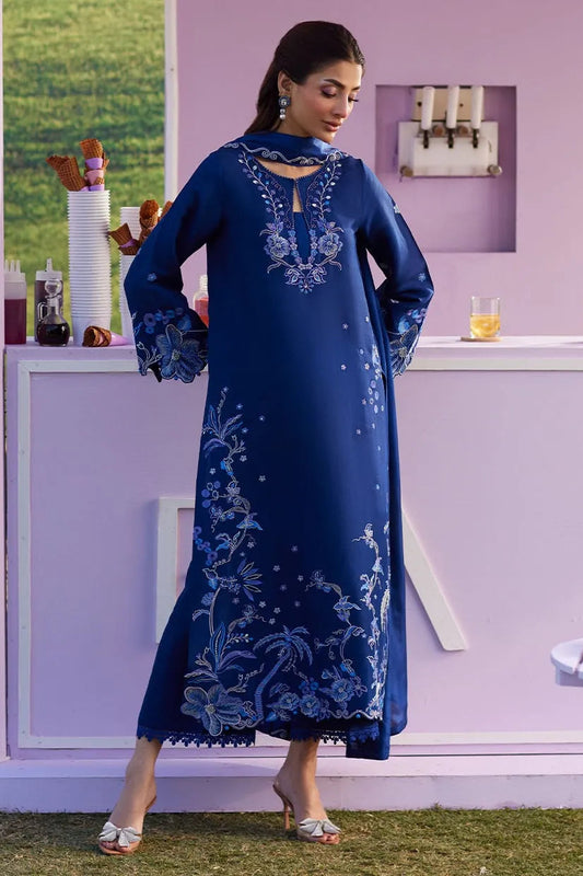 Woman wearing a blue embroidered dress standing in front of a decorative setting.