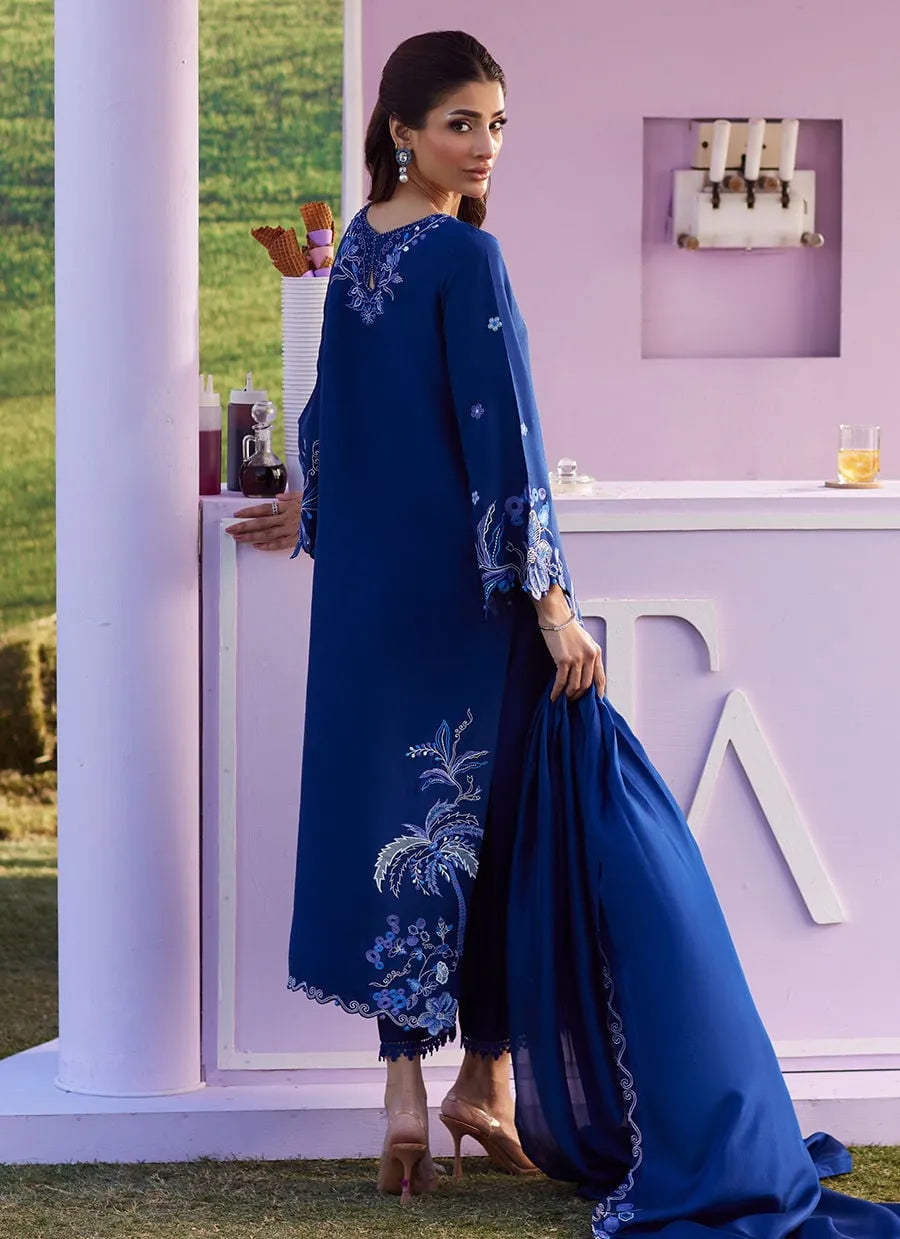 Woman in a blue embroidered outfit standing in front of a pink wall with 'Tara' branding.