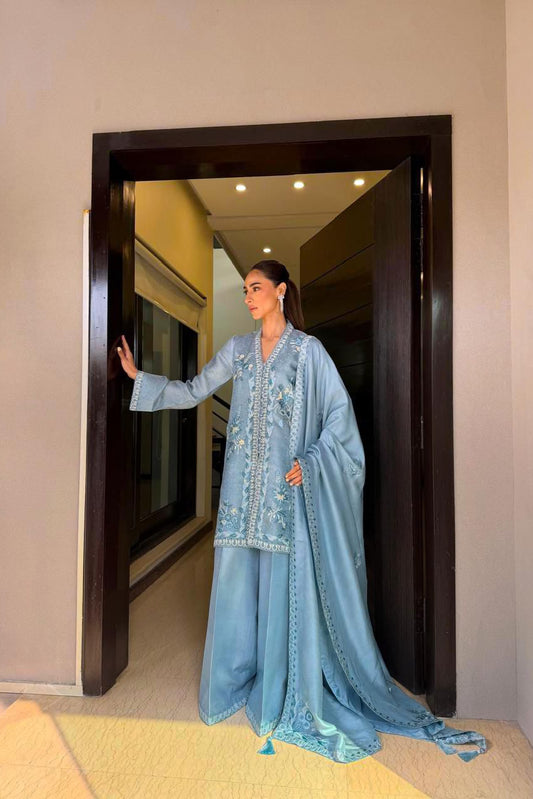 Powder Blue Embroidered Silk Suit
