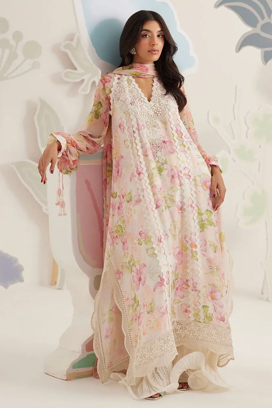 Woman wearing a floral dress with a decorative background