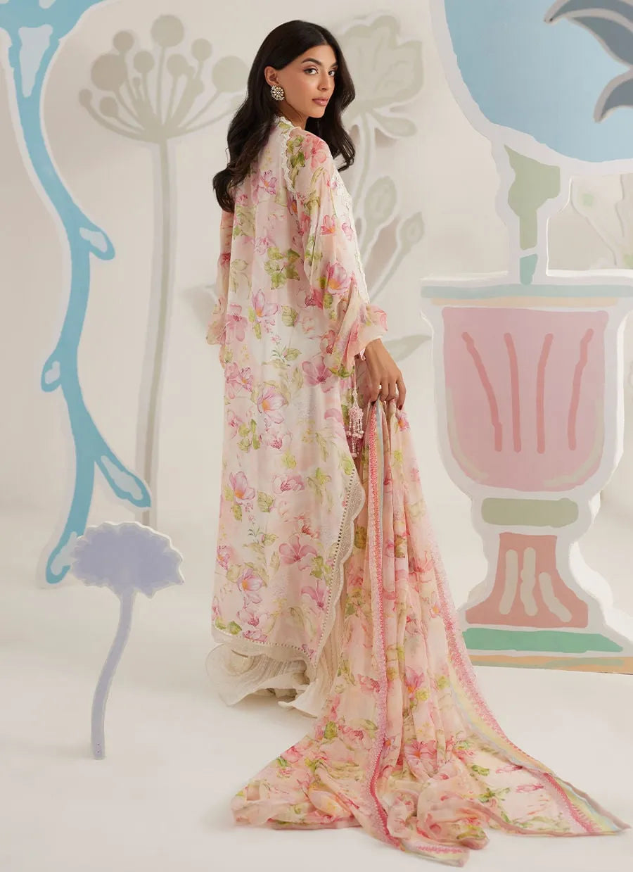 Woman wearing a floral dress with a decorative background