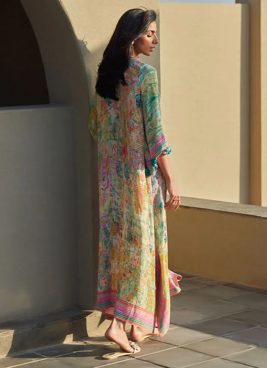 Woman in a colorful dress standing against a beige wall.