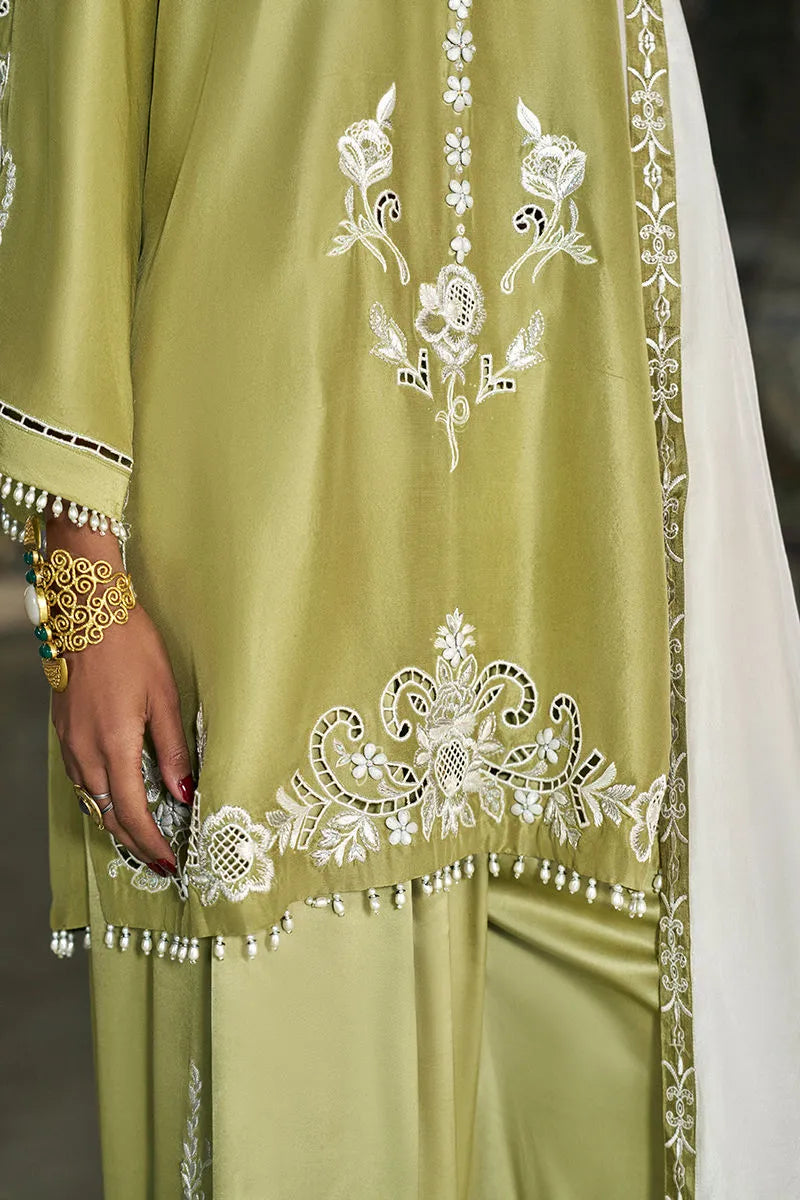 Green embroidered outfit with white details on a dark background