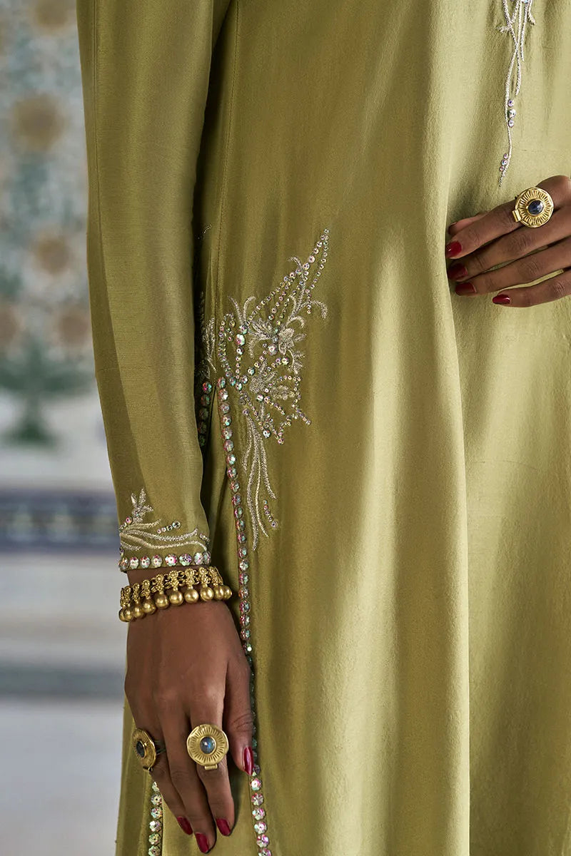 Close-up of a person wearing a green dress with intricate embroidery and jewelry.