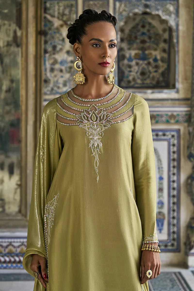 Woman wearing a green embroidered dress in an ornate interior setting
