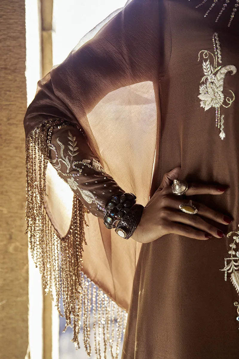 Close-up of a person wearing a brown dress with intricate embroidery and embellishments.