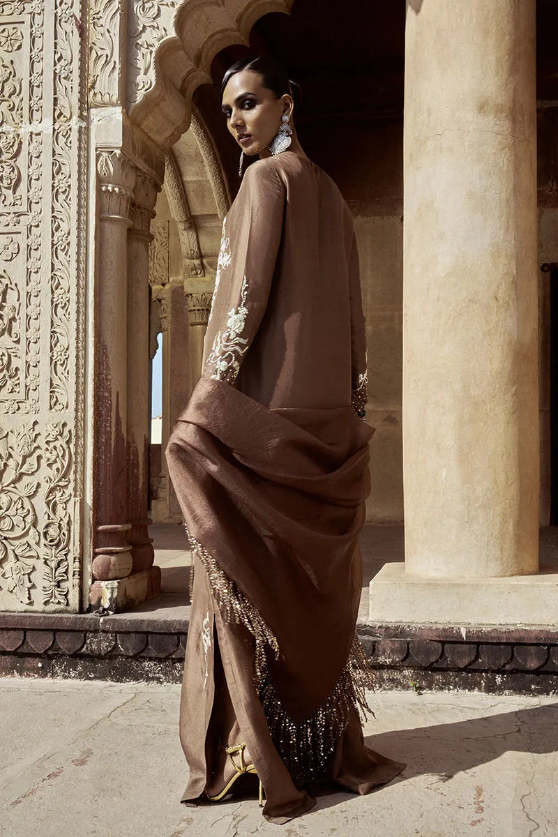 Woman in a brown saree with embellishments standing in front of an architectural structure.