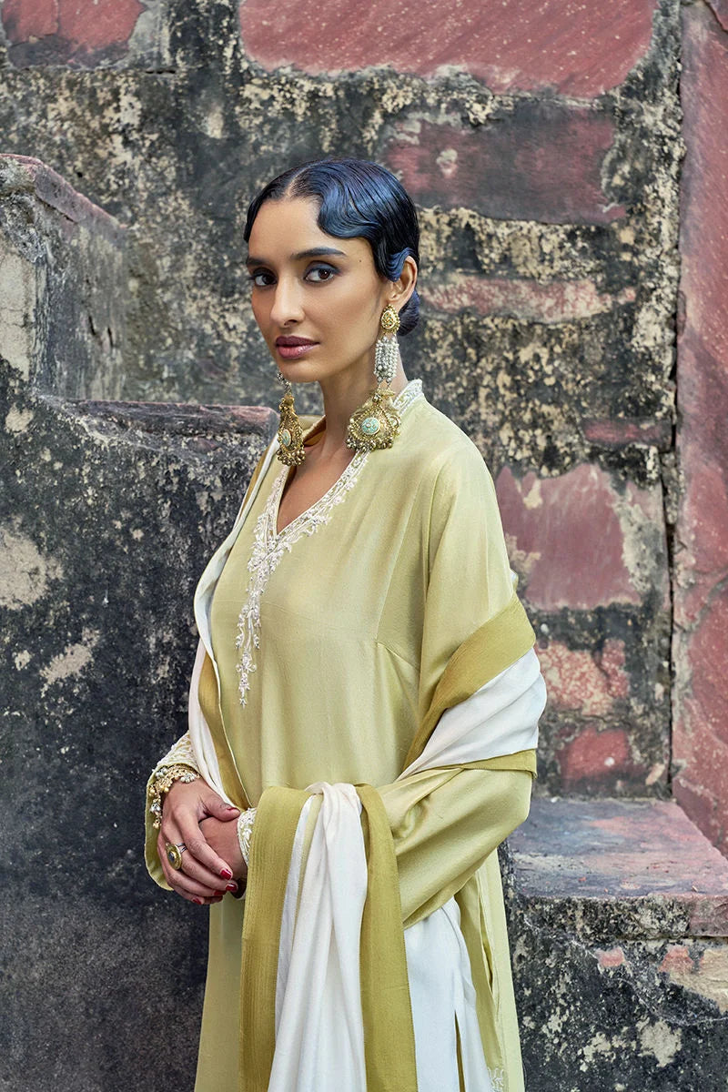 Woman in a light green and white traditional outfit standing against a textured wall.