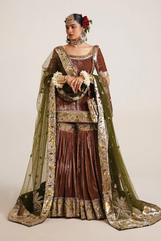 Traditional outfit with brown and gold dress and green dupatta on a plain background