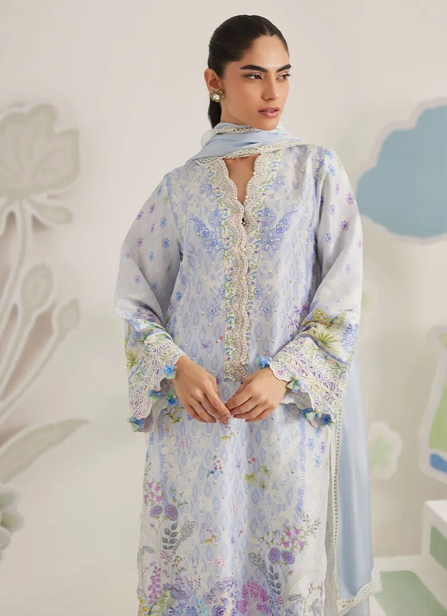 Woman wearing a floral dress with a white background