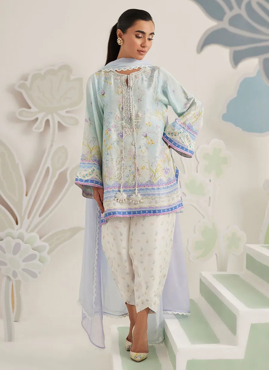 Woman wearing a light blue embroidered traditional outfit with a floral pattern on a decorative wall.