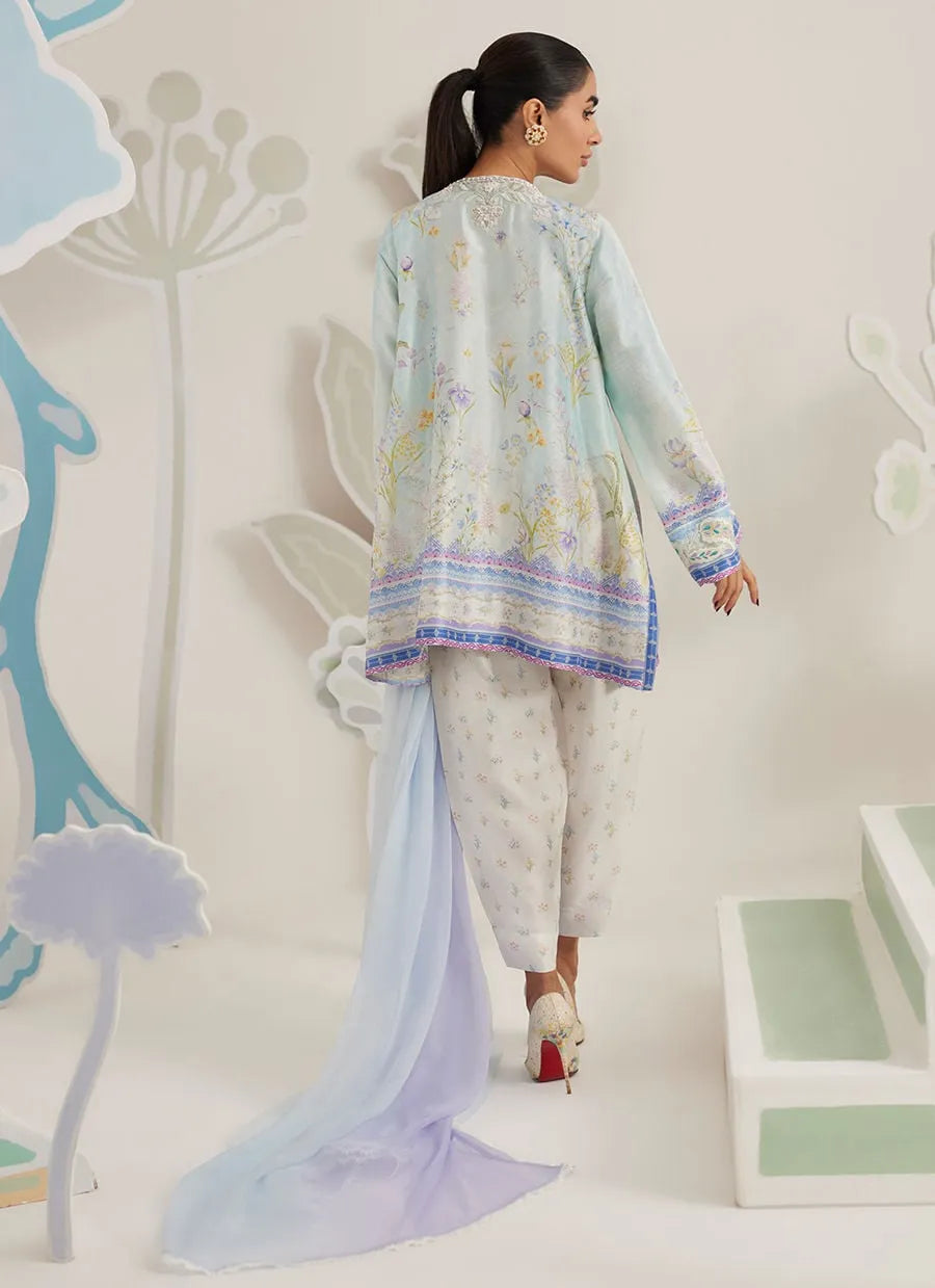 Woman wearing a light blue embroidered outfit with a white background