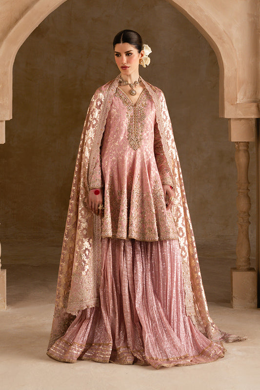 A woman models a traditional pink and gold embroidered Indian outfit with a matching sheer cape, set against a warm beige stone archway background.
