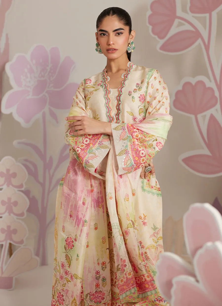 Woman wearing a floral dress with a decorative background